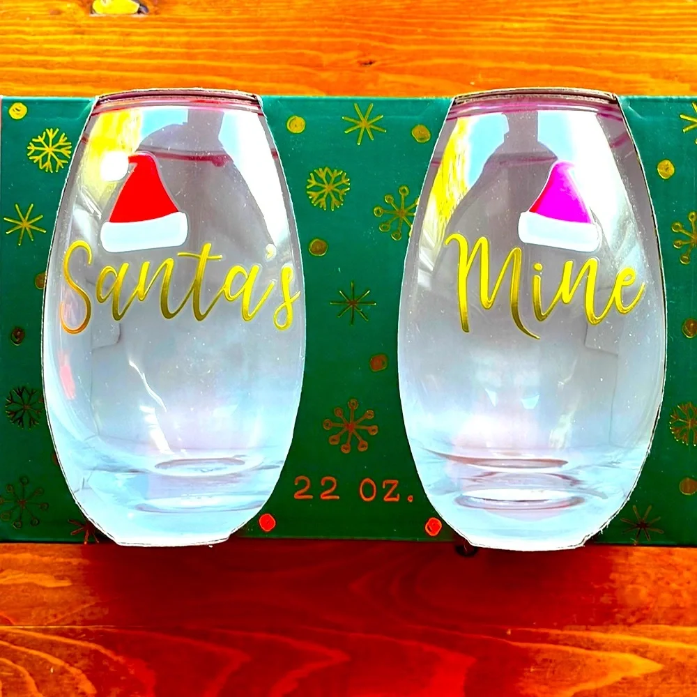 Christmas in July! Santa’s & Mine Stemless Wine Glasses